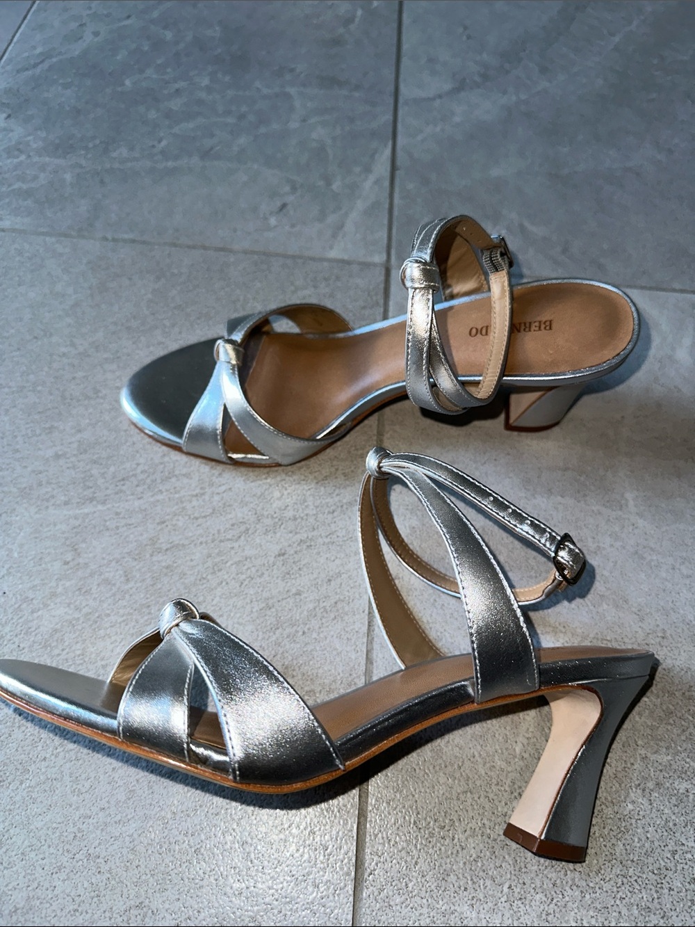 Bernardo Metallic Silver Strappy Block Heel Sandals